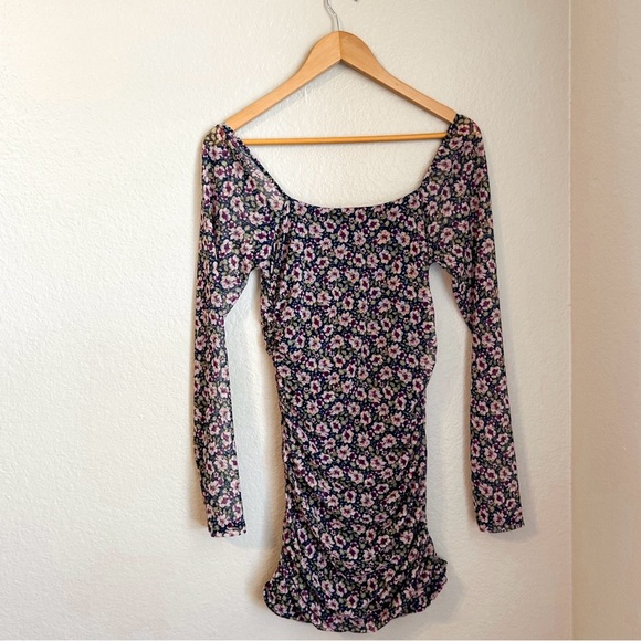 Altar’d State Floral Ruched Long Sheer Sleeves Bodycon Mini Dress, Size Medium - Picture 4 of 8